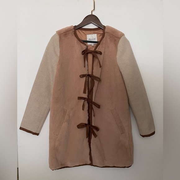 Madewell Colorblock Faux “Mink” Jacket coat tie front fall winter XS brown tan - Picture 11 of 11